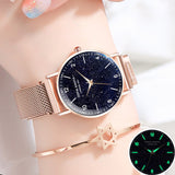 Women Watch Magnetic Rose Gold Starry Sky Watch Luminous  Waterproof